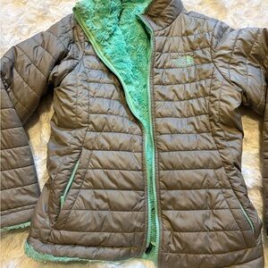 The North Face Gray Jacket with Mint Green Lining - Kids Puffer